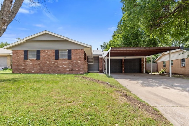 6 Utah Ave, Yukon, OK 73099 - ranch-style home featuring an attached garage, brick siding, a front lawn, driveway, and an attached carport