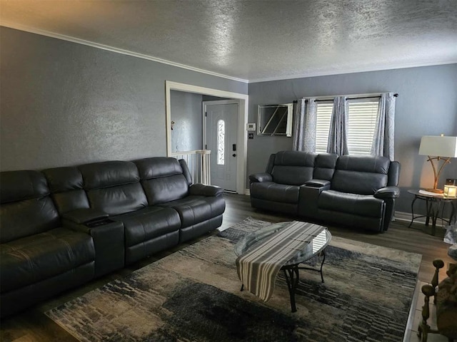 915 NW Euclid Ave, Lawton, OK 73507 - living room with a textured wall, wood finished floors, a textured ceiling, and crown molding