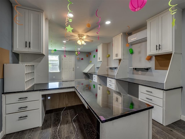 1900 New Haven Ct, Moore, OK 73160 - kitchen featuring a wall mounted air conditioner, a ceiling fan, white cabinets, recessed lighting, and dark wood finished floors