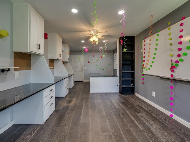 1900 New Haven Ct, Moore, OK 73160 - kitchen featuring white cabinetry, ceiling fan, dark wood finished floors, recessed lighting, and baseboards