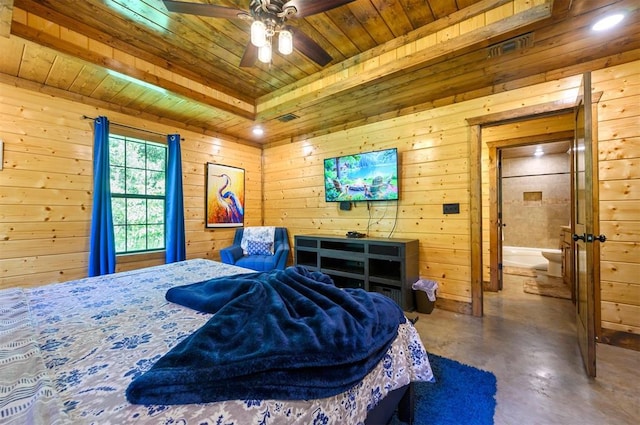 295 Orca Rd, Broken Bow, OK 74728 - bedroom with wood ceiling, concrete floors, wooden walls, and recessed lighting