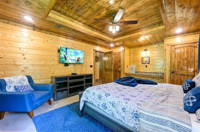 295 Orca Rd, Broken Bow, OK 74728 - bedroom featuring wooden ceiling, wood walls, and carpet flooring