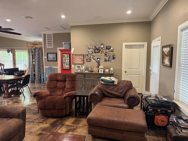 17308 Magnino Rd, Shawnee, OK 74801 - living room featuring crown molding, recessed lighting, and ceiling fan