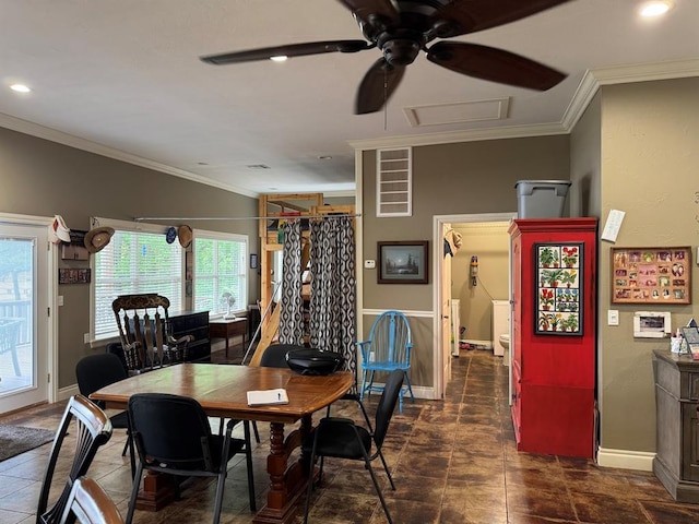 17308 Magnino Rd, Shawnee, OK 74801 - dining area with ceiling fan, ornamental molding, baseboards, and recessed lighting