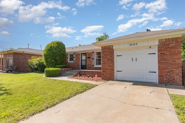3032 NW 67th St, Oklahoma City, OK 73116 - ranch-style home featuring brick siding, a front lawn, concrete driveway, and a garage