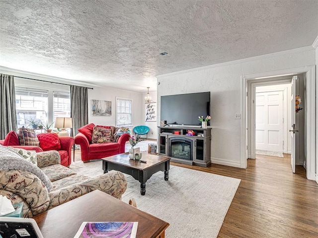 705 Chautauqua Ave, Norman, OK 73069 - living area with a textured ceiling, ornamental molding, wood finished floors, a chandelier, and baseboards