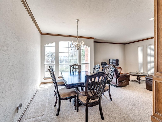 2616 Redvine Rd, Edmond, OK 73034 - dining area with a textured wall, light colored carpet, crown molding, a chandelier, and a textured ceiling