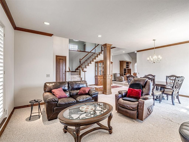 2616 Redvine Rd, Edmond, OK 73034 - carpeted living area with baseboards, ornamental molding, stairs, recessed lighting, and a chandelier