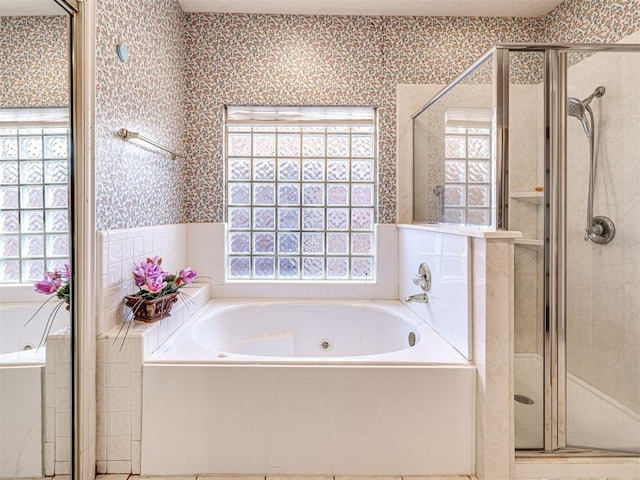 2616 Redvine Rd, Edmond, OK 73034 - full bathroom with wallpapered walls, a whirlpool tub, and a stall shower