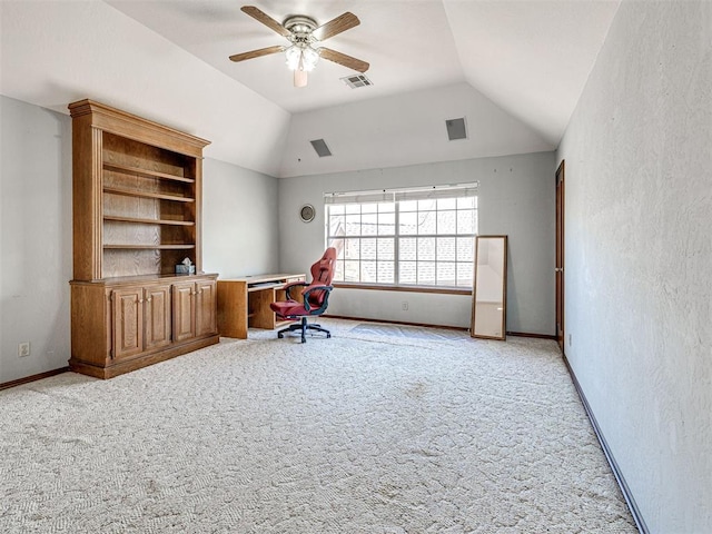 2616 Redvine Rd, Edmond, OK 73034 - carpeted office space featuring lofted ceiling, ceiling fan, a textured wall, and baseboards