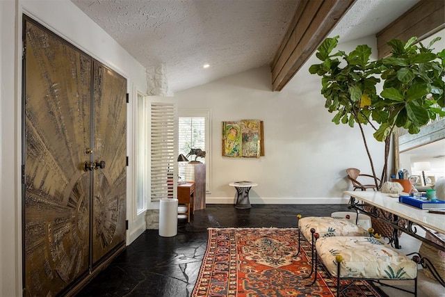 1917 Whispering Pines Cir, Norman, OK 73072 - interior space featuring stone tile floors, a textured ceiling, lofted ceiling, baseboards, and recessed lighting