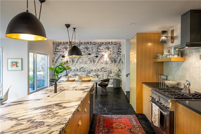 1917 Whispering Pines Cir, Norman, OK 73072 - kitchen with appliances with stainless steel finishes, wall chimney exhaust hood, tasteful backsplash, and brown cabinets