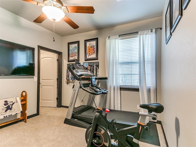 10716 Quail Reserve Rd, Oklahoma City, OK 73173 - exercise area featuring a ceiling fan, carpet floors, and baseboards