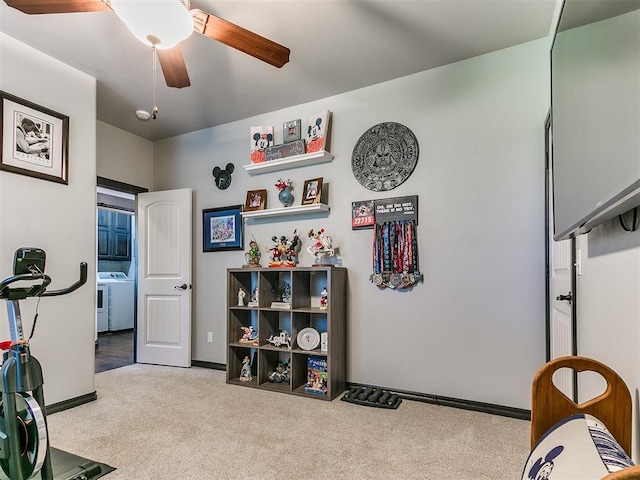 10716 Quail Reserve Rd, Oklahoma City, OK 73173 - workout room featuring carpet floors, washer / clothes dryer, ceiling fan, and baseboards