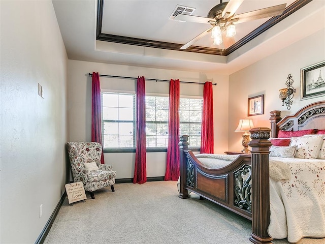 10716 Quail Reserve Rd, Oklahoma City, OK 73173 - bedroom featuring carpet flooring, crown molding, a raised ceiling, baseboards, and ceiling fan