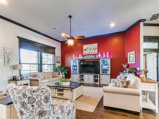 10716 Quail Reserve Rd, Oklahoma City, OK 73173 - living area with crown molding, ceiling fan, and wood finished floors
