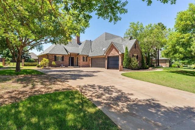 18617 Wolf Creek Dr, Edmond, OK 73012 - view of front of property featuring an attached garage, driveway, a front lawn, and brick siding