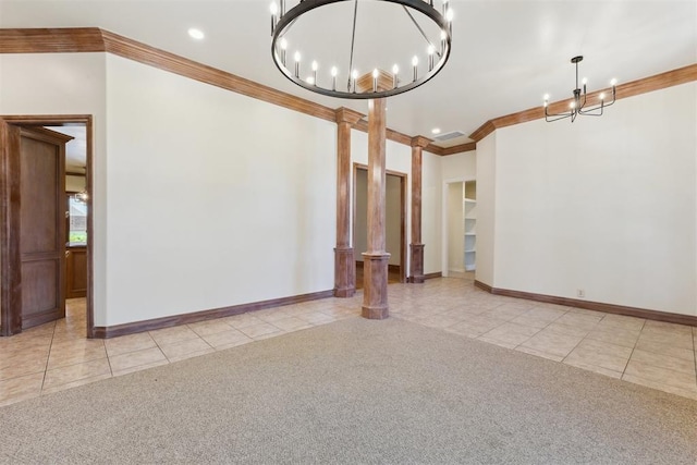18617 Wolf Creek Dr, Edmond, OK 73012 - carpeted spare room featuring a chandelier, tile patterned flooring, ornamental molding, baseboards, and recessed lighting