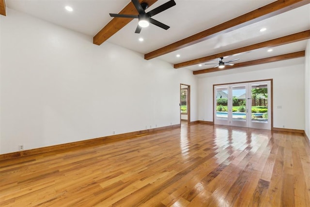 18617 Wolf Creek Dr, Edmond, OK 73012 - empty room featuring ceiling fan, light wood-type flooring, beamed ceiling, baseboards, and recessed lighting
