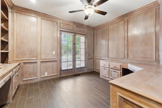 18617 Wolf Creek Dr, Edmond, OK 73012 - unfurnished office featuring a decorative wall, ceiling fan, and built in study area
