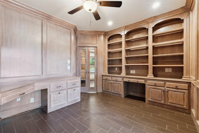 18617 Wolf Creek Dr, Edmond, OK 73012 - unfurnished office featuring built in desk, ceiling fan, dark wood-style floors, and recessed lighting