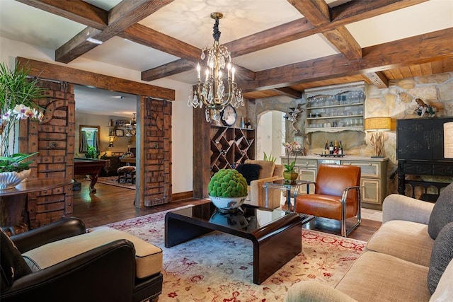 6638 Avondale Dr, Nichols Hills, OK 73116 - living room featuring hardwood / wood-style flooring, beam ceiling, coffered ceiling, a chandelier, and billiards
