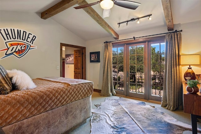 6638 Avondale Dr, Nichols Hills, OK 73116 - carpeted bedroom with access to outside, rail lighting, and a ceiling fan