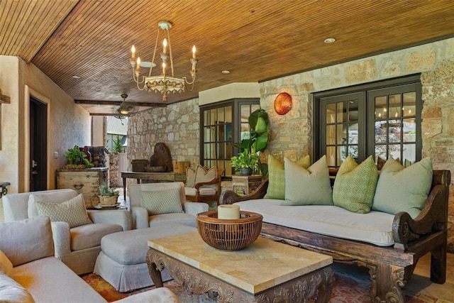 6638 Avondale Dr, Nichols Hills, OK 73116 - living room with wooden ceiling, a chandelier, and french doors