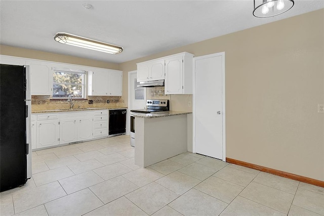 605 N Stadium, Hobart, OK 73651 - kitchen with stainless steel electric range, under cabinet range hood, dishwasher, freestanding refrigerator, and tasteful backsplash