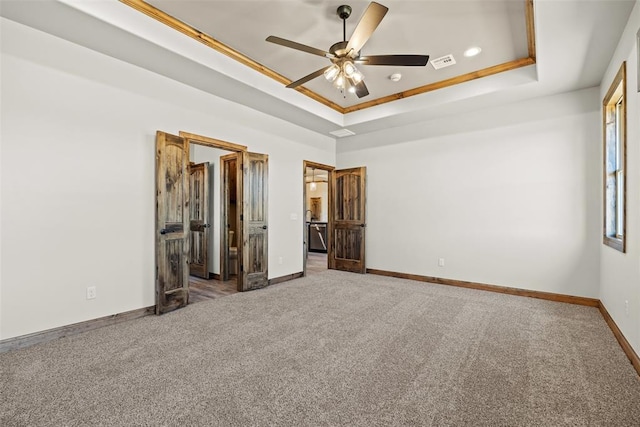 2414 Black Jack Way, Blanchard, OK 73010 - unfurnished bedroom with a raised ceiling, carpet floors, baseboards, recessed lighting, and a ceiling fan