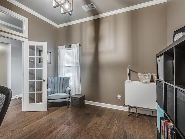 16112 Buffalo Dr, Oklahoma City, OK 73170 - sitting room with crown molding, wood finished floors, baseboards, a chandelier, and french doors