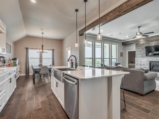 16112 Buffalo Dr, Oklahoma City, OK 73170 - kitchen with dishwasher, a sink, a chandelier, white cabinetry, and ceiling fan