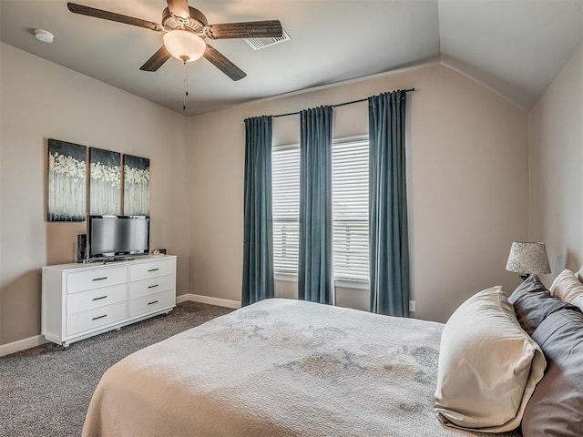 16112 Buffalo Dr, Oklahoma City, OK 73170 - bedroom featuring dark colored carpet, vaulted ceiling, baseboards, and a ceiling fan