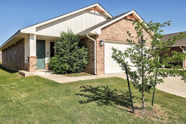 1301 Harvest Trl, Yukon, OK 73099 - view of front of property with brick siding, a garage, a front lawn, board and batten siding, and concrete driveway