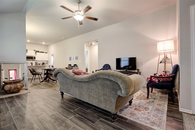 1301 Harvest Trl, Yukon, OK 73099 - living room with ceiling fan, dark wood finished floors, recessed lighting, and baseboards