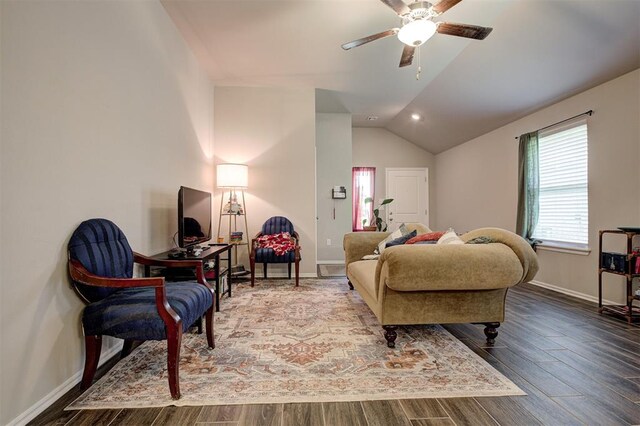 1301 Harvest Trl, Yukon, OK 73099 - living area with a ceiling fan, baseboards, wood finished floors, lofted ceiling, and recessed lighting