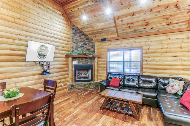 26 Huckleberry Trl, Broken Bow, OK 74728 - living room with wooden ceiling, wood finished floors, a stone fireplace, and high vaulted ceiling