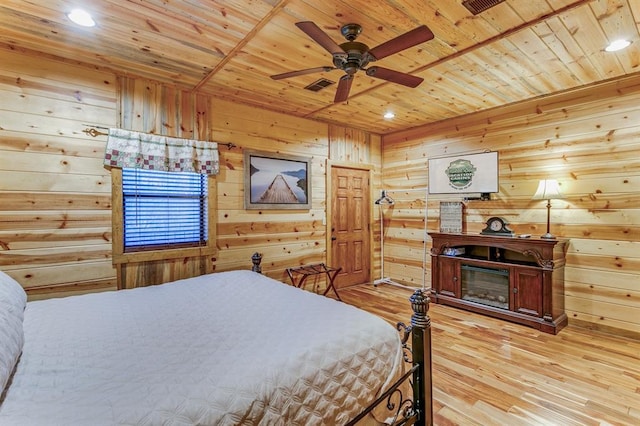 26 Huckleberry Trl, Broken Bow, OK 74728 - bedroom with wooden ceiling, wood finished floors, recessed lighting, wooden walls, and a fireplace