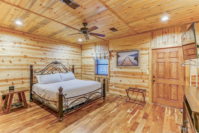 26 Huckleberry Trl, Broken Bow, OK 74728 - bedroom featuring wooden ceiling, wood walls, light wood-type flooring, and recessed lighting