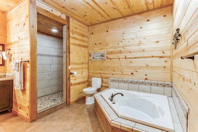 26 Huckleberry Trl, Broken Bow, OK 74728 - bathroom with wooden walls, a tub with jets, toilet, wood ceiling, and vanity