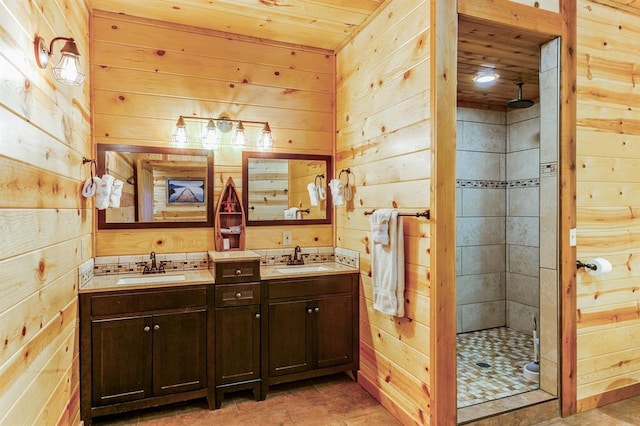 26 Huckleberry Trl, Broken Bow, OK 74728 - bathroom with wood walls, double vanity, a stall shower, and wood ceiling