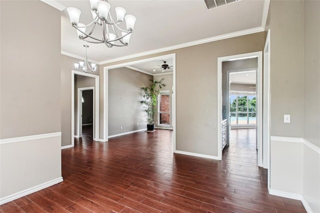 1329 S Southersby Dr, Mustang, OK 73064 - unfurnished dining area featuring a chandelier, baseboards, dark wood-style floors, and ornamental molding
