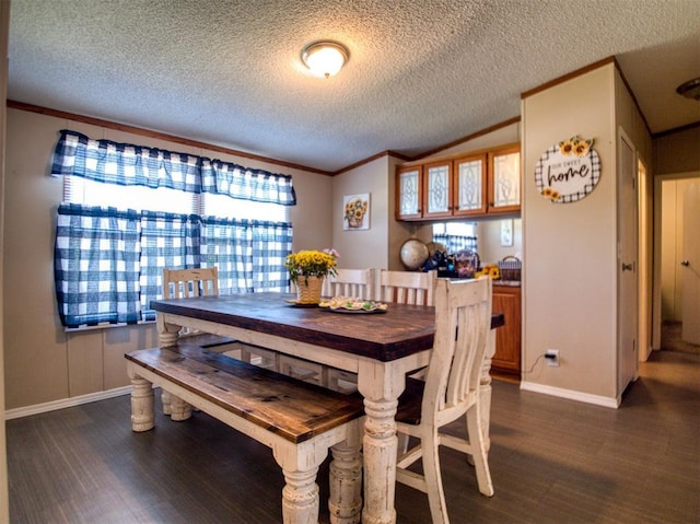 15026 N County Road 3370th Rd, Stratford, OK 74872 - dining room with dark wood-style floors, crown molding, baseboards, a textured ceiling, and vaulted ceiling