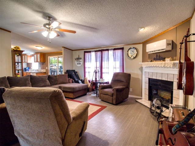 15026 N County Road 3370th Rd, Stratford, OK 74872 - living room featuring a wall unit AC, a fireplace, ceiling fan, crown molding, and a textured ceiling