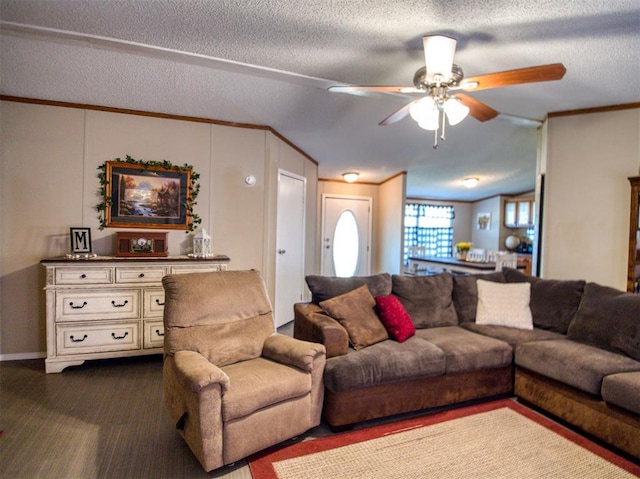 15026 N County Road 3370th Rd, Stratford, OK 74872 - living area featuring ceiling fan, dark carpet, a textured ceiling, and ornamental molding