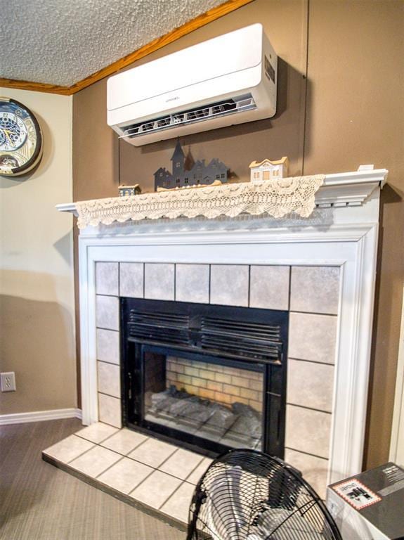 15026 N County Road 3370th Rd, Stratford, OK 74872 - detailed view of a tiled fireplace, a wall mounted AC, carpet floors, ornamental molding, and baseboards