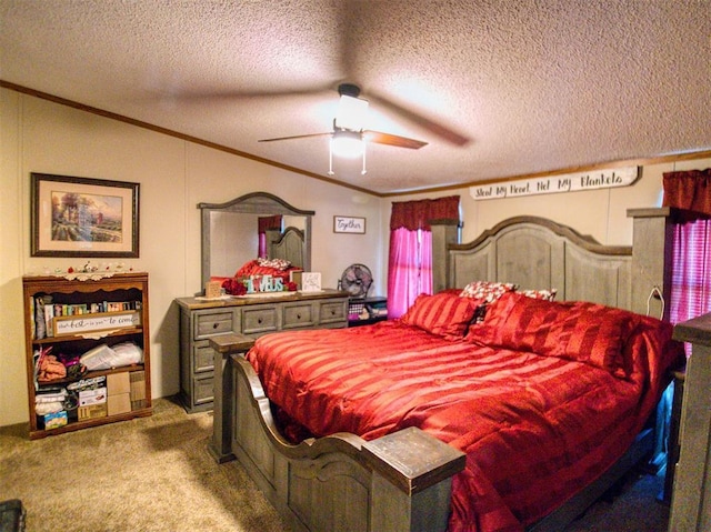 15026 N County Road 3370th Rd, Stratford, OK 74872 - carpeted bedroom featuring crown molding, a textured ceiling, a ceiling fan, and vaulted ceiling