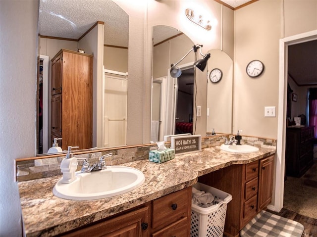 15026 N County Road 3370th Rd, Stratford, OK 74872 - bathroom featuring double vanity, crown molding, a textured ceiling, and a closet