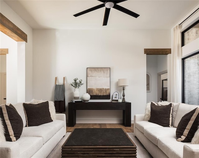 9117 SW 90th St, Mustang, OK 73064 - living area featuring a ceiling fan and wood finished floors