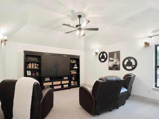 9117 SW 90th St, Mustang, OK 73064 - cinema featuring vaulted ceiling, light colored carpet, baseboards, and a ceiling fan